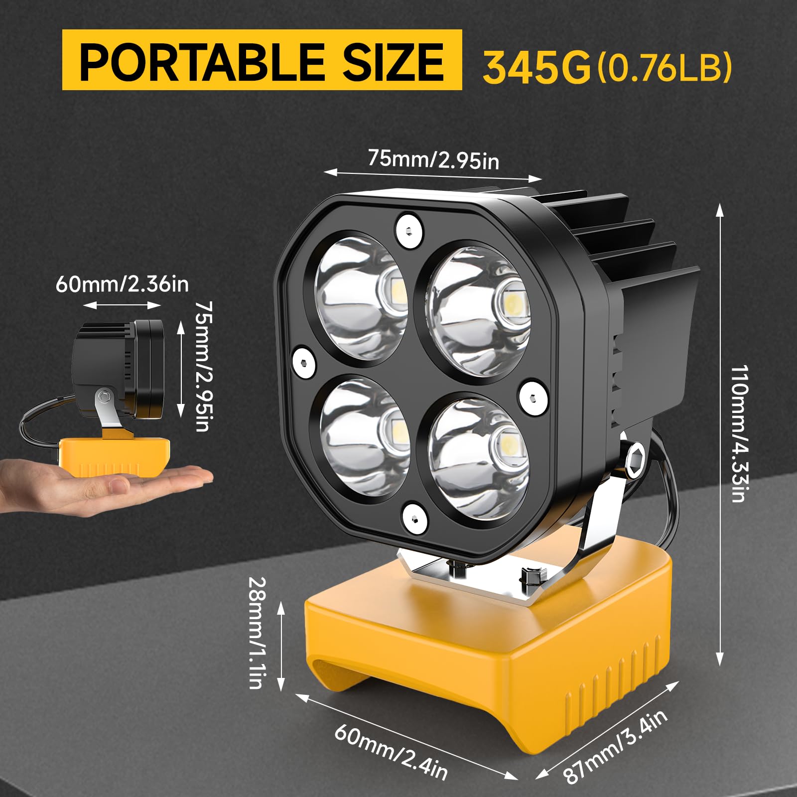 2 Packs Led Work Light Compatible With Dewalt 20V Battery, 40W 6000Lm Flashlight, 20V Battery Cordless Work Light 120Adjustable